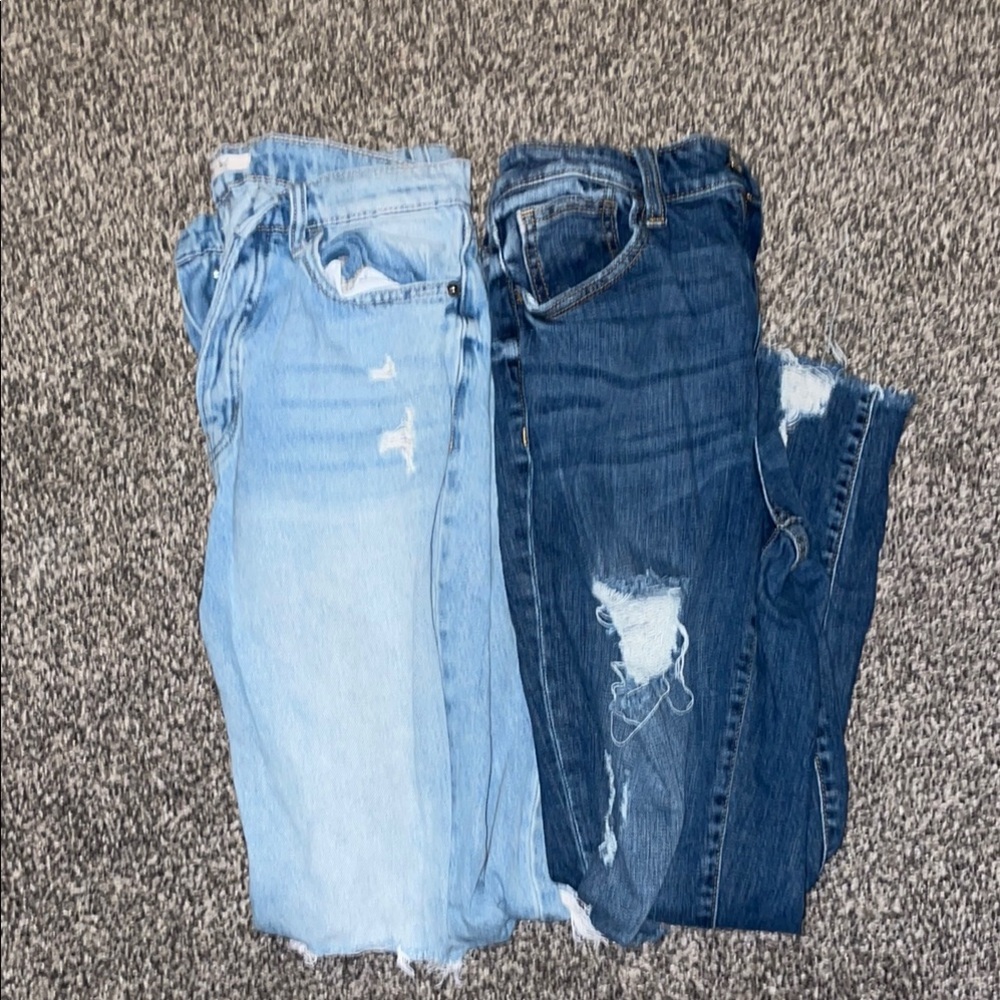 Women’s Distressed Two-Tone Denim Jeans - Light & Dark Blue